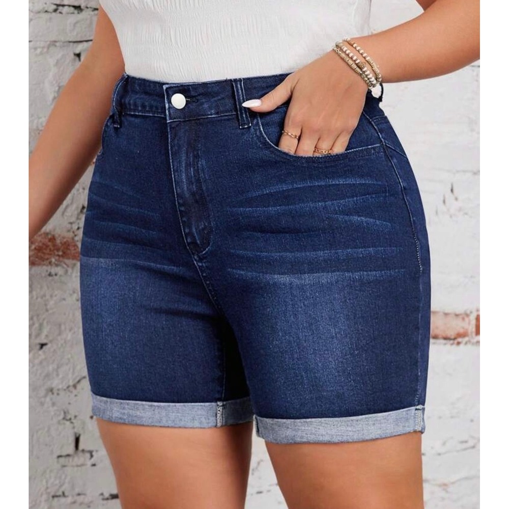 EMERY ROSE High Waisted Cuffed Denim Shorts Dark Wash Stretch Jean Shorts